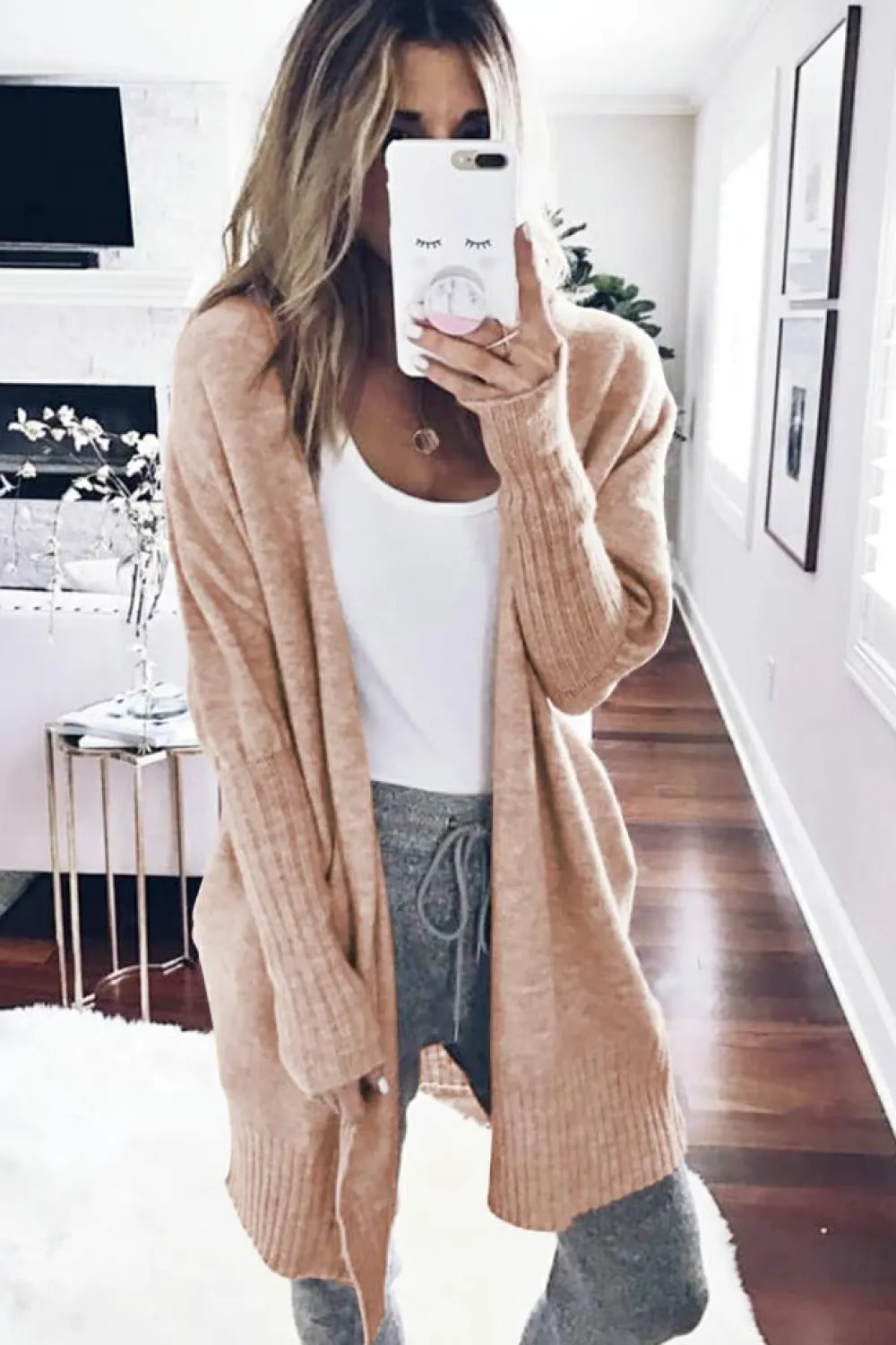 Best Dear-Lover Ribbed Trim Puff Sleeve Open Cardigan Smoke Gray