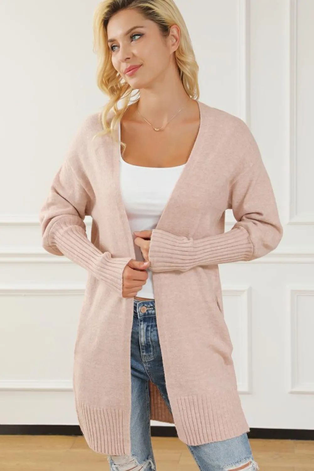 Best Dear-Lover Ribbed Trim Puff Sleeve Open Cardigan Smoke Gray