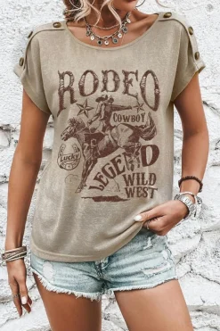 New Dear-Lover RODEO Cowboy Graphic Buttoned Batwing Sleeve T Shirt Smoke Gray