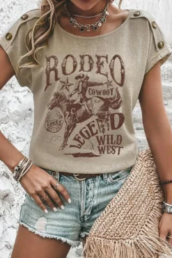 New Dear-Lover RODEO Cowboy Graphic Buttoned Batwing Sleeve T Shirt Smoke Gray