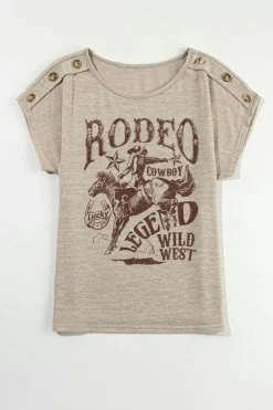 New Dear-Lover RODEO Cowboy Graphic Buttoned Batwing Sleeve T Shirt Smoke Gray