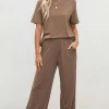 Fashion Dear-Lover Solid Color T Shirt 2pcs Wide Leg Pants Set Smoke Gray