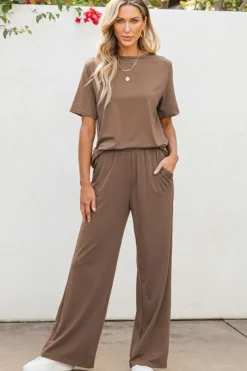 Fashion Dear-Lover Solid Color T Shirt 2pcs Wide Leg Pants Set Smoke Gray