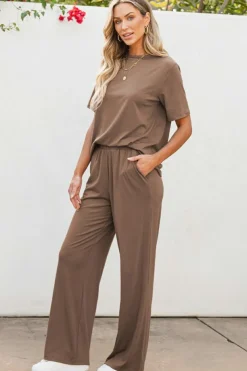 Fashion Dear-Lover Solid Color T Shirt 2pcs Wide Leg Pants Set Smoke Gray