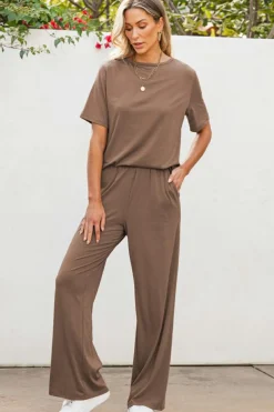 Fashion Dear-Lover Solid Color T Shirt 2pcs Wide Leg Pants Set Smoke Gray
