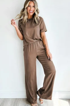 Fashion Dear-Lover Solid Color T Shirt 2pcs Wide Leg Pants Set Smoke Gray