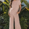 Outlet Dear-Lover Solid Corded Knit Short Sleeve T Shirt and Wide Leg Pants Set Smoke Gray