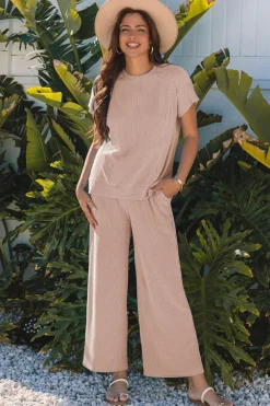 Outlet Dear-Lover Solid Corded Knit Short Sleeve T Shirt and Wide Leg Pants Set Smoke Gray