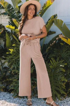 Outlet Dear-Lover Solid Corded Knit Short Sleeve T Shirt and Wide Leg Pants Set Smoke Gray