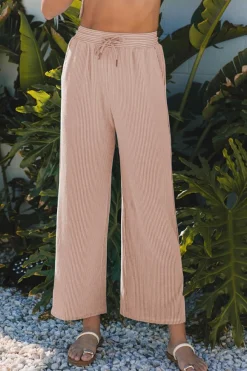 Outlet Dear-Lover Solid Corded Knit Short Sleeve T Shirt and Wide Leg Pants Set Smoke Gray