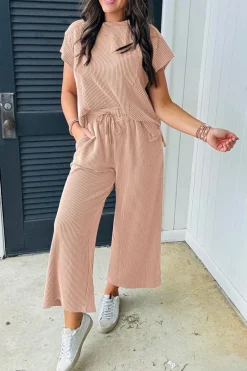 Outlet Dear-Lover Solid Corded Knit Short Sleeve T Shirt and Wide Leg Pants Set Smoke Gray