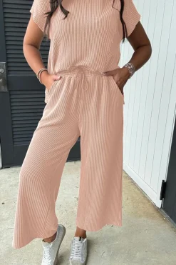 Outlet Dear-Lover Solid Corded Knit Short Sleeve T Shirt and Wide Leg Pants Set Smoke Gray