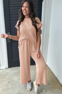 Outlet Dear-Lover Solid Corded Knit Short Sleeve T Shirt and Wide Leg Pants Set Smoke Gray