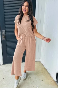 Outlet Dear-Lover Solid Corded Knit Short Sleeve T Shirt and Wide Leg Pants Set Smoke Gray