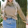 Hot Dear-Lover Striped Plaid Patchwork Waffle Knit Turtleneck Sweater Smoke Gray