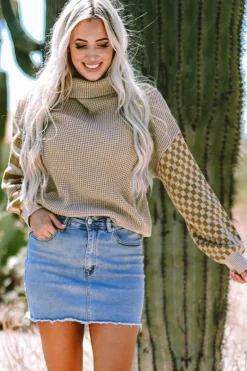Hot Dear-Lover Striped Plaid Patchwork Waffle Knit Turtleneck Sweater Smoke Gray