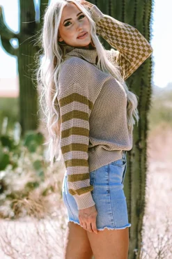 Hot Dear-Lover Striped Plaid Patchwork Waffle Knit Turtleneck Sweater Smoke Gray