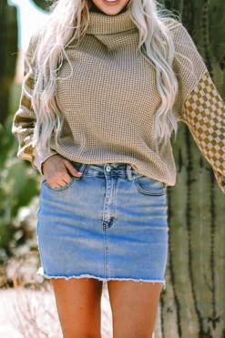 Hot Dear-Lover Striped Plaid Patchwork Waffle Knit Turtleneck Sweater Smoke Gray