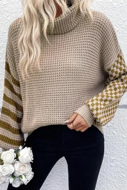 Hot Dear-Lover Striped Plaid Patchwork Waffle Knit Turtleneck Sweater Smoke Gray