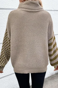 Hot Dear-Lover Striped Plaid Patchwork Waffle Knit Turtleneck Sweater Smoke Gray