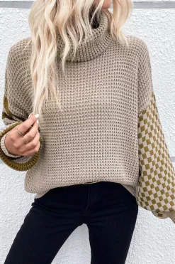 Hot Dear-Lover Striped Plaid Patchwork Waffle Knit Turtleneck Sweater Smoke Gray