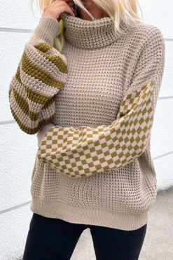 Hot Dear-Lover Striped Plaid Patchwork Waffle Knit Turtleneck Sweater Smoke Gray