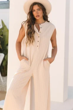 Discount Dear-Lover Textured Buttoned Wide Leg Sleeveless Jumpsuit Smoke Gray
