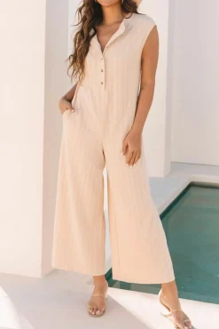 Discount Dear-Lover Textured Buttoned Wide Leg Sleeveless Jumpsuit Smoke Gray