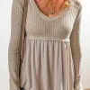 Hot Dear-Lover Textured Long Sleeve V Neck Babydoll Top Smoke Gray