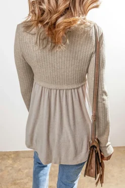 Hot Dear-Lover Textured Long Sleeve V Neck Babydoll Top Smoke Gray
