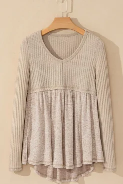 Hot Dear-Lover Textured Long Sleeve V Neck Babydoll Top Smoke Gray