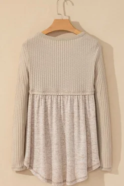 Hot Dear-Lover Textured Long Sleeve V Neck Babydoll Top Smoke Gray