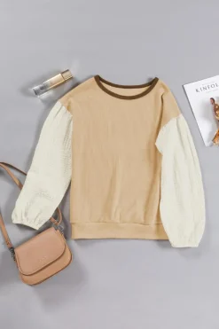Online Dear-Lover Textured Patchwork Crew Neck Puff Sleeves Top Smoke Gray