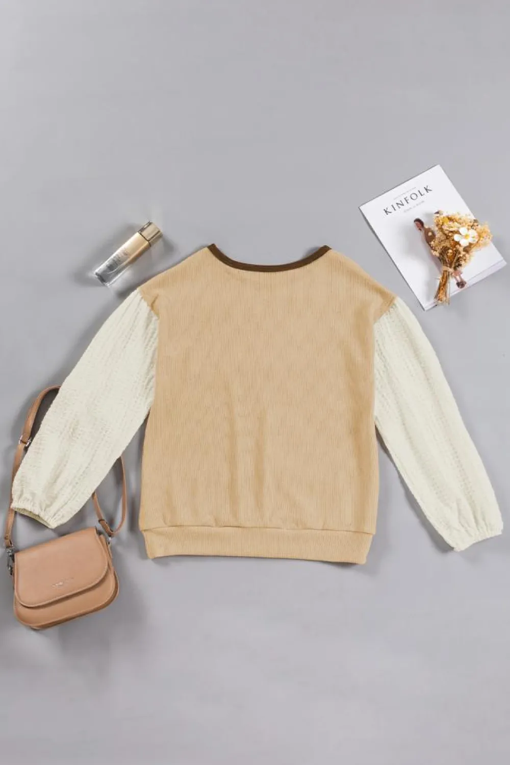 Online Dear-Lover Textured Patchwork Crew Neck Puff Sleeves Top Smoke Gray