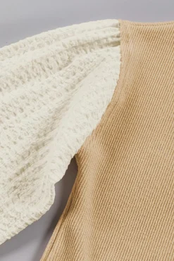 Online Dear-Lover Textured Patchwork Crew Neck Puff Sleeves Top Smoke Gray