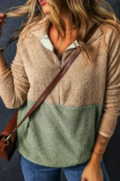 Fashion Dear-Lover Two Tones Color Block Half Zip Fleece Sweatshirt Smoke Gray