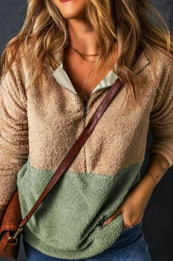 Fashion Dear-Lover Two Tones Color Block Half Zip Fleece Sweatshirt Smoke Gray