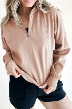 New Dear-Lover Zipped Neck Pullover Drop Shoulder Sweatshirt Smoke Gray