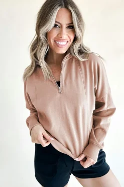 New Dear-Lover Zipped Neck Pullover Drop Shoulder Sweatshirt Smoke Gray