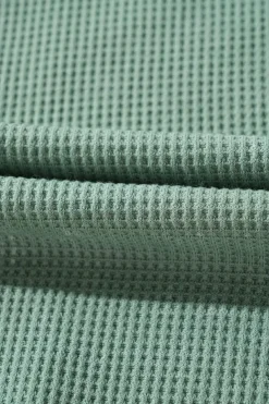 Clearance Dear-Lover Acid Wash Waffle Knit Buttoned Neckline Long Sleeve Top Smoke Green