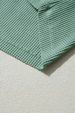 Clearance Dear-Lover Acid Wash Waffle Knit Buttoned Neckline Long Sleeve Top Smoke Green