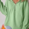 Discount Dear-Lover Fleece Lined Half Zipper Kangaroo Pockets Loose Hoodie Smoke Green