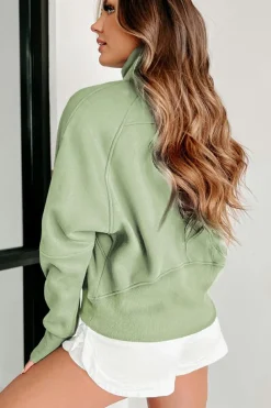 Hot Dear-Lover Fleece Lined Zip Up Stand Collar Thumbhole Sleeve Sweatshirt Smoke Green