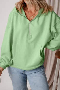 Discount Dear-Lover Fleece Lined Half Zipper Kangaroo Pockets Loose Hoodie Smoke Green