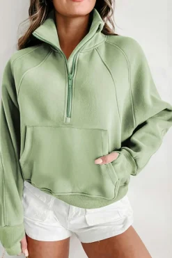 Hot Dear-Lover Fleece Lined Zip Up Stand Collar Thumbhole Sleeve Sweatshirt Smoke Green