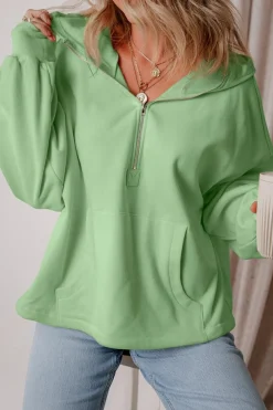 Discount Dear-Lover Fleece Lined Half Zipper Kangaroo Pockets Loose Hoodie Smoke Green
