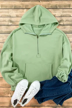 Discount Dear-Lover Fleece Lined Half Zipper Kangaroo Pockets Loose Hoodie Smoke Green
