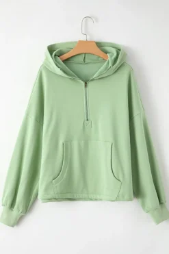 Discount Dear-Lover Fleece Lined Half Zipper Kangaroo Pockets Loose Hoodie Smoke Green
