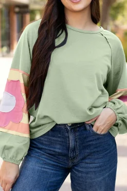 Best Dear-Lover Flower Patchwork Raglan Sleeve Exposed Seam Oversized Top Smoke Green