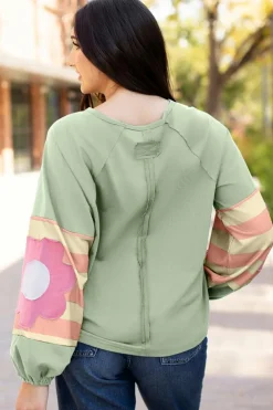 Best Dear-Lover Flower Patchwork Raglan Sleeve Exposed Seam Oversized Top Smoke Green